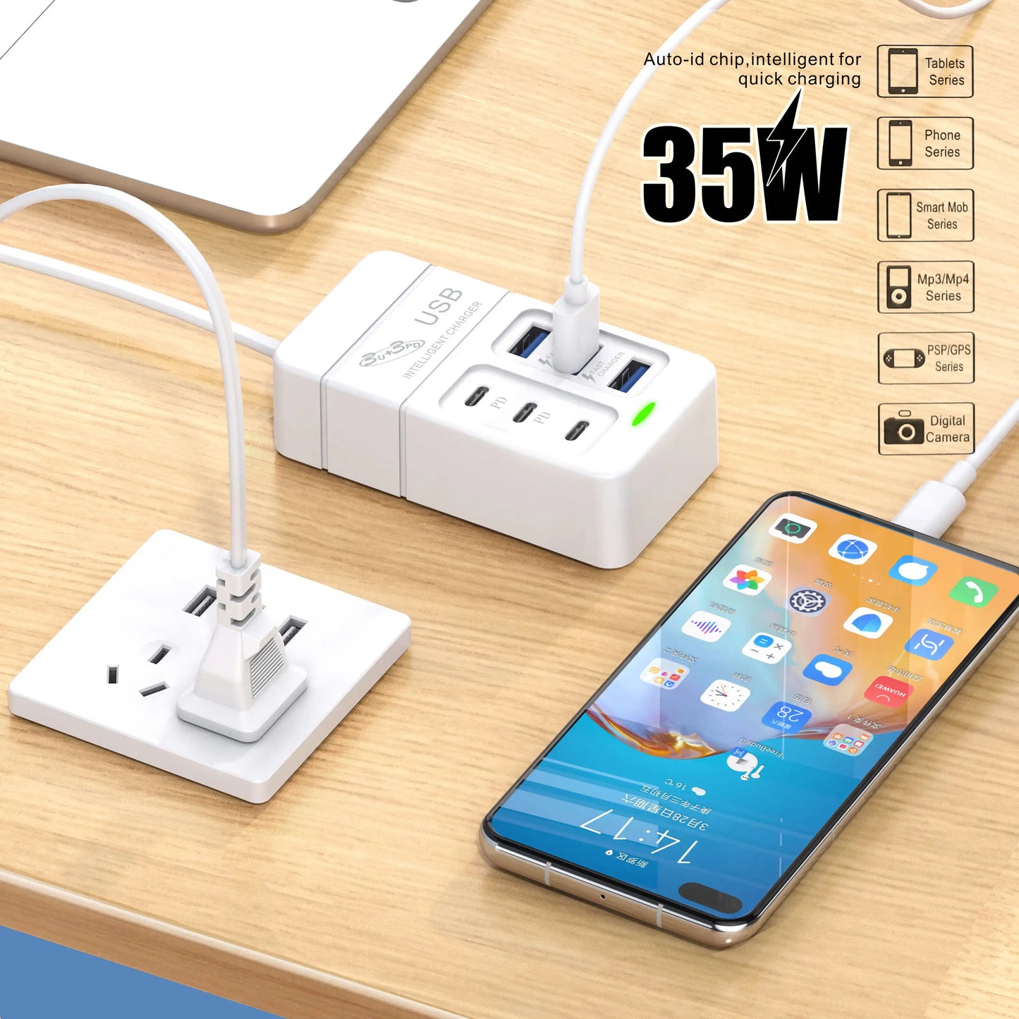 USB Type C Fast Charger, Wall Phone Adapter, Quick Charge Hub, EU Plug, PD, 6 in 1, 35W, 3.0