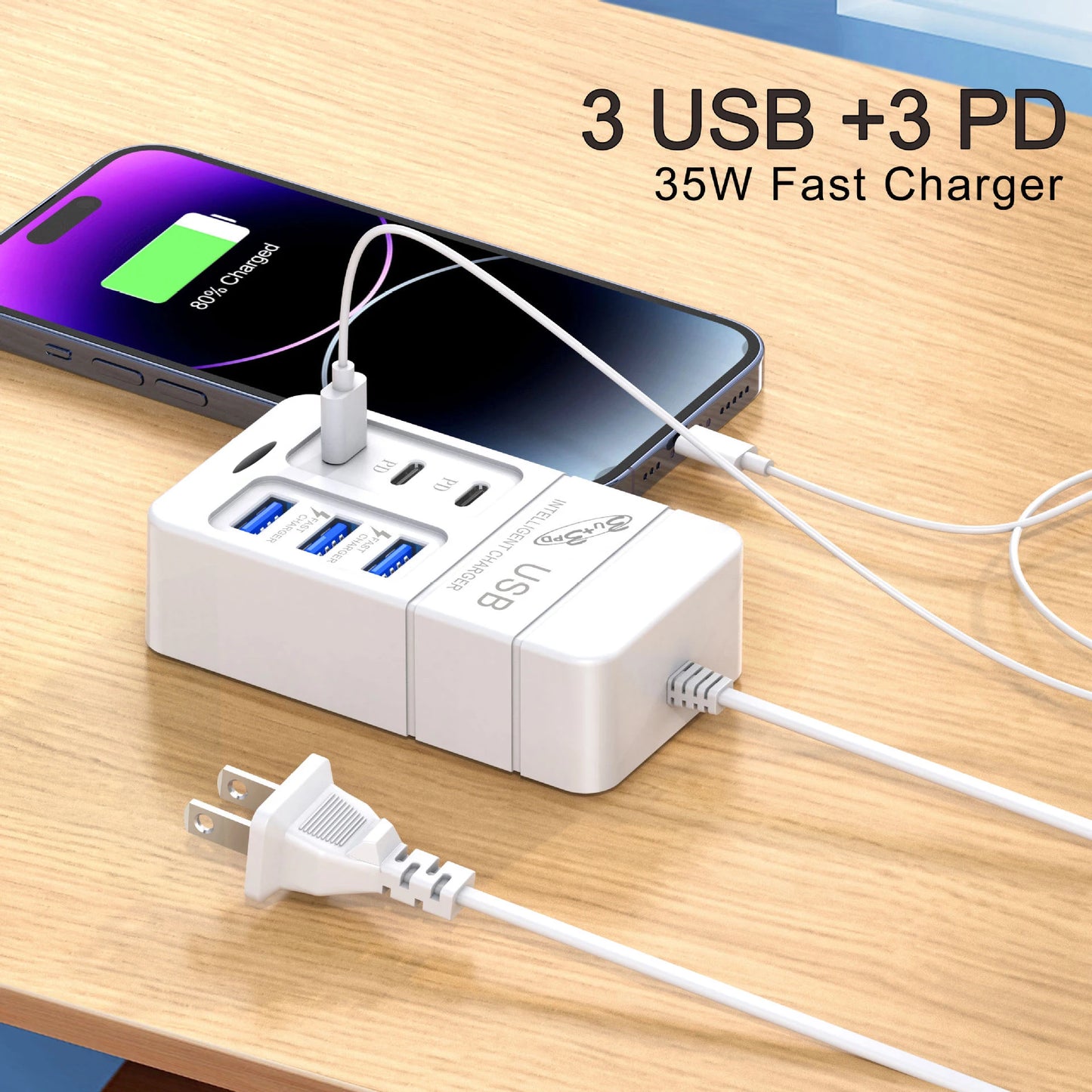 USB Type C Fast Charger, Wall Phone Adapter, Quick Charge Hub, EU Plug, PD, 6 in 1, 35W, 3.0