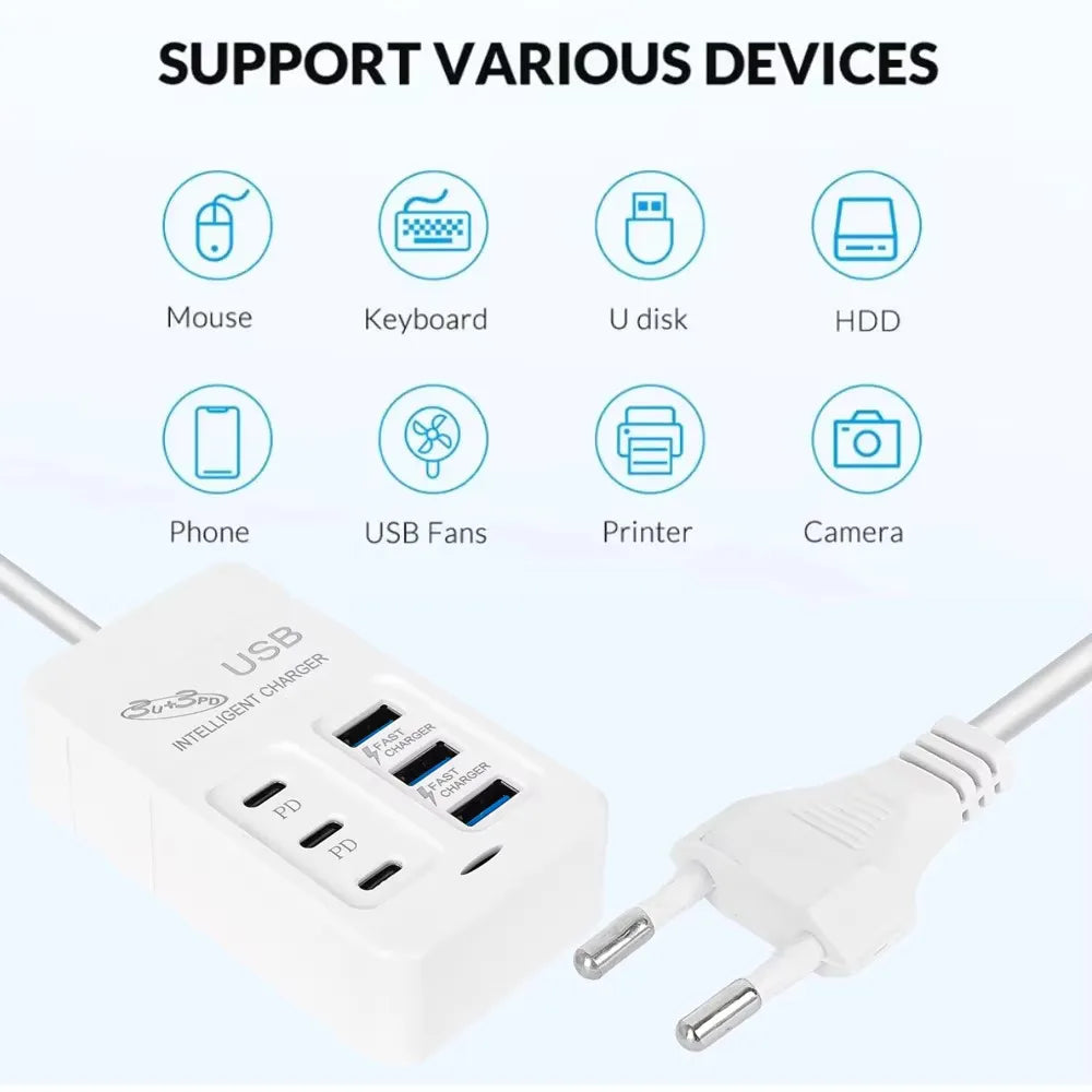 USB Type C Fast Charger, Wall Phone Adapter, Quick Charge Hub, EU Plug, PD, 6 in 1, 35W, 3.0