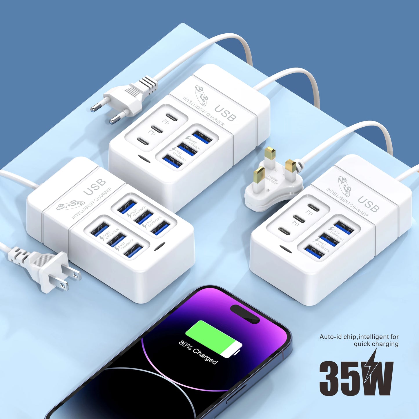 USB Type C Fast Charger, Wall Phone Adapter, Quick Charge Hub, EU Plug, PD, 6 in 1, 35W, 3.0