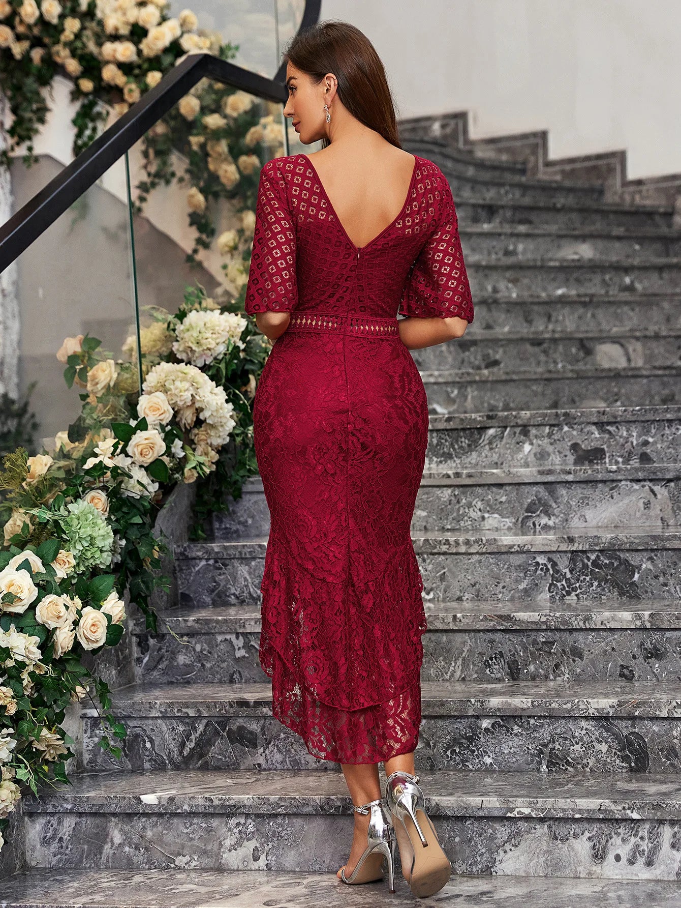 Slim Long Dress Elegant Lace Flower Cherrykeke