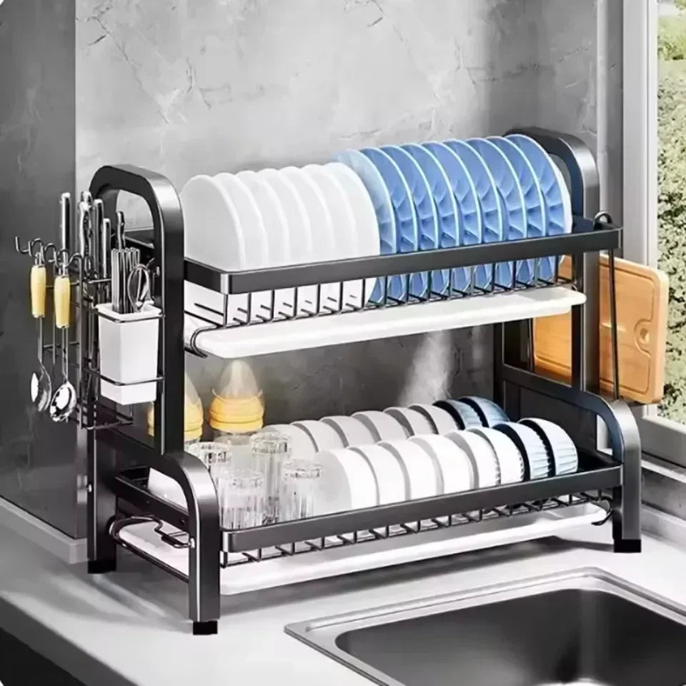 Kitchen Dish Rack Household Multi-Storey Bowls And Chopsticks Storage Cupboard Stainless Steel Drain Retro Style Organizer Shelf