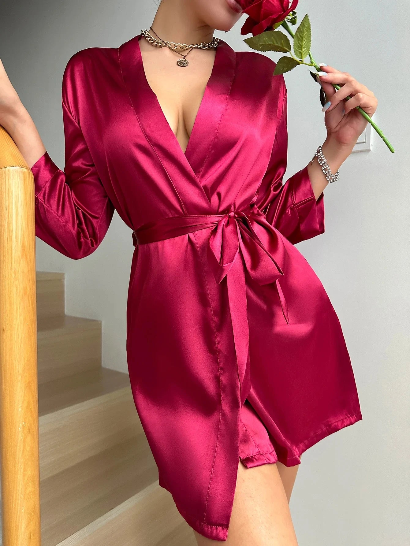 Solid Satin Night Robe Long