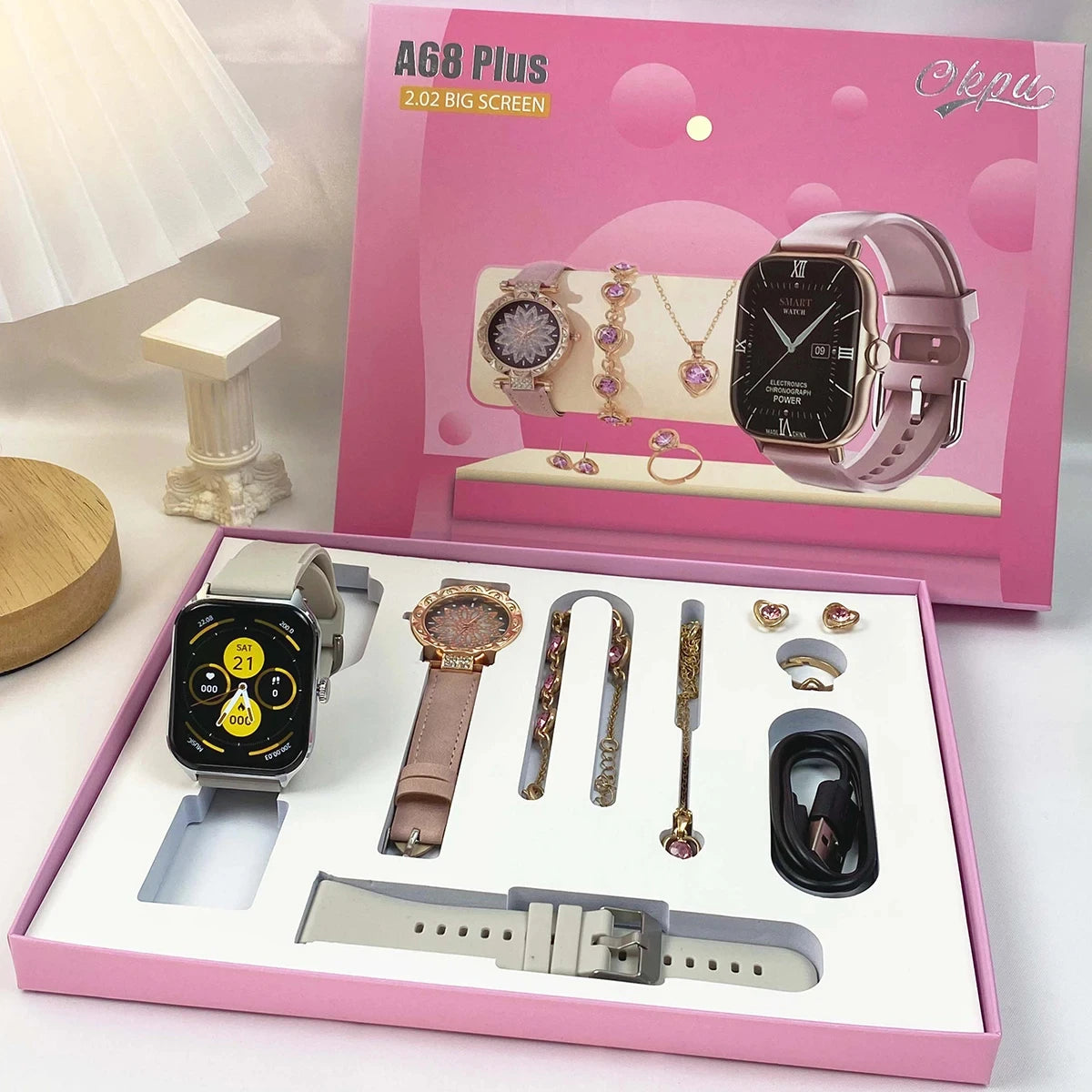 Smart Watch Gift + Diamond Quartz Watch + Necklace + Earrings + Ring + Bracelet Bluetooth Call Sports Smart Watch