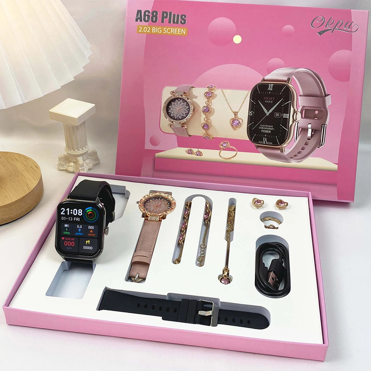 Smart Watch Gift + Diamond Quartz Watch + Necklace + Earrings + Ring + Bracelet Bluetooth Call Sports Smart Watch