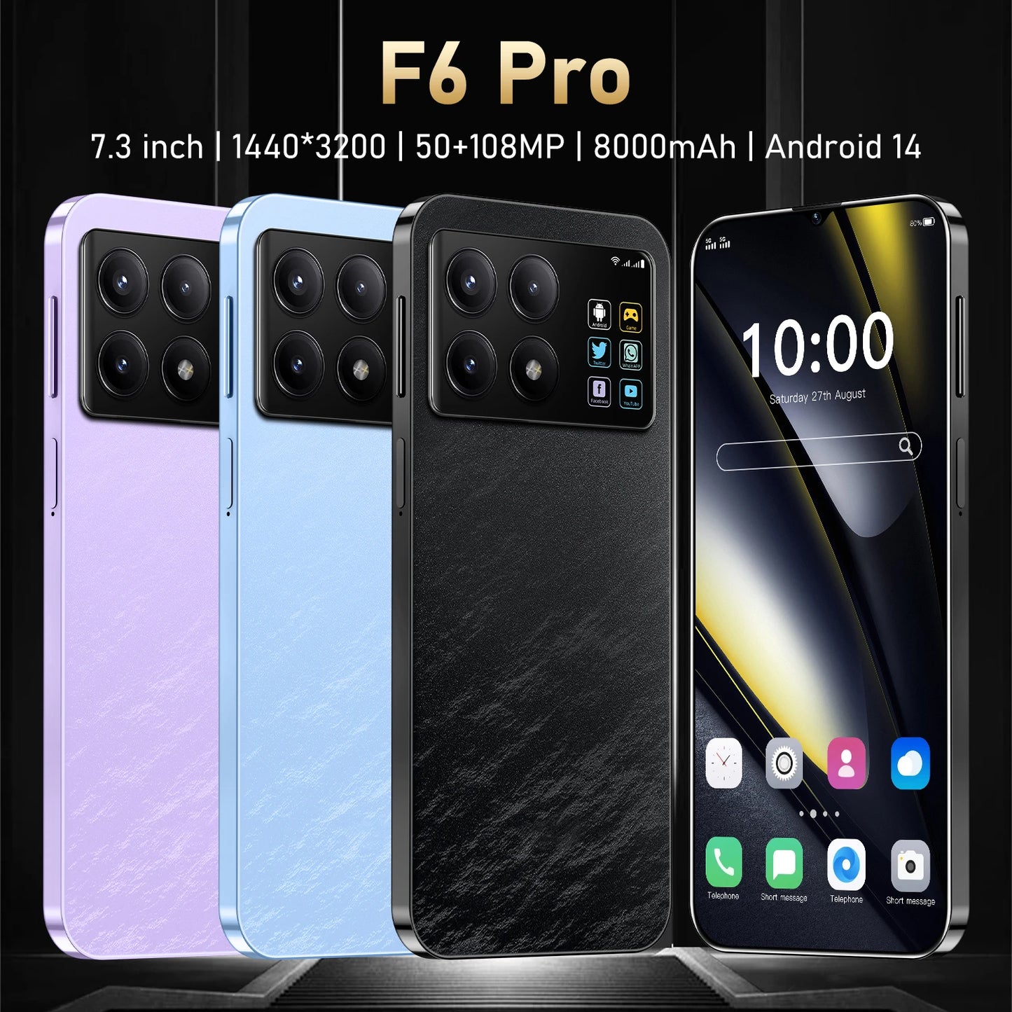 F6 Pro 5G Global Version 7.3HD Screen 16G + 1T 7000Mah Android14 Cellulare Dual Sim Face Unlocked Mobile Phone 108MP