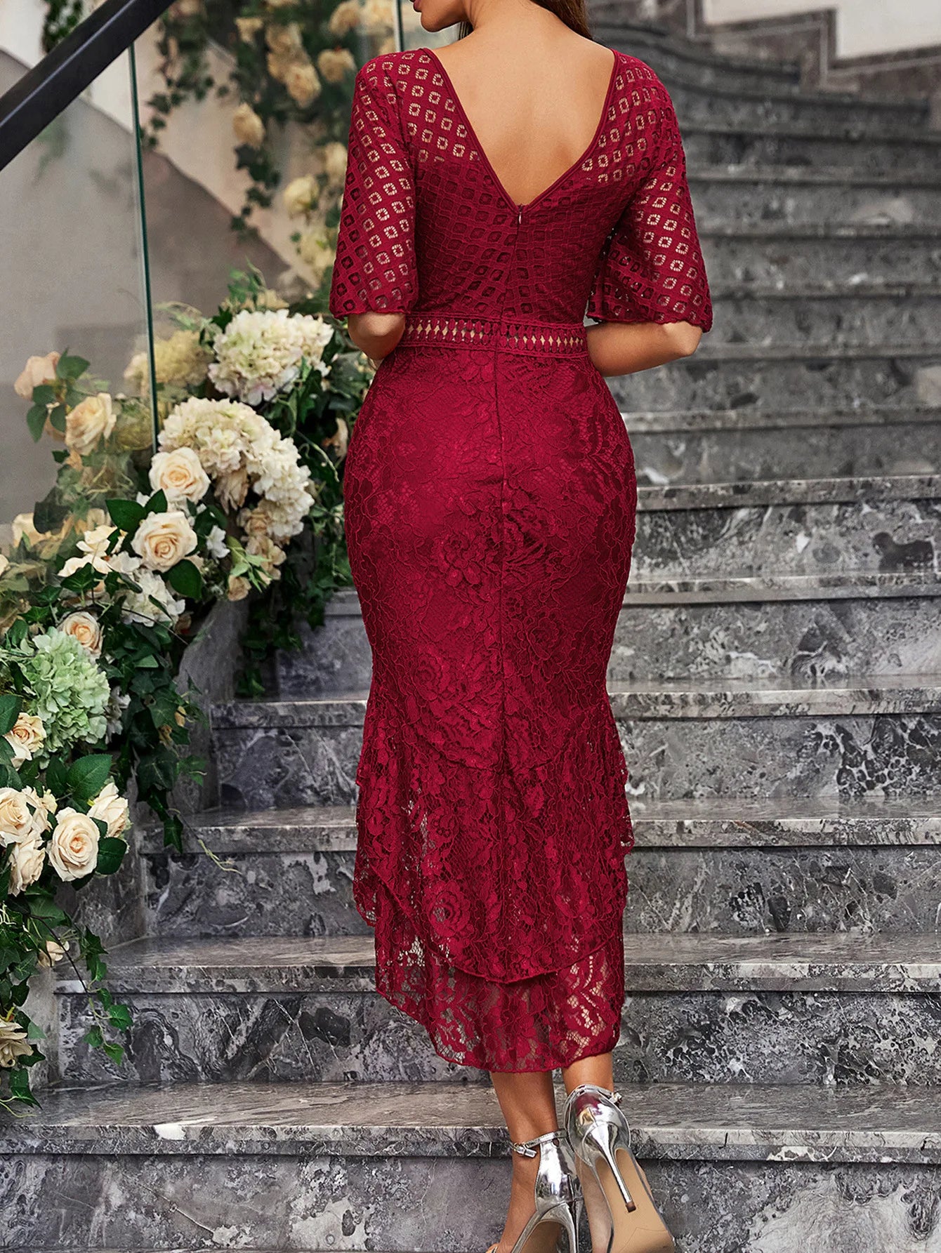 Slim Long Dress Elegant Lace Flower Cherrykeke