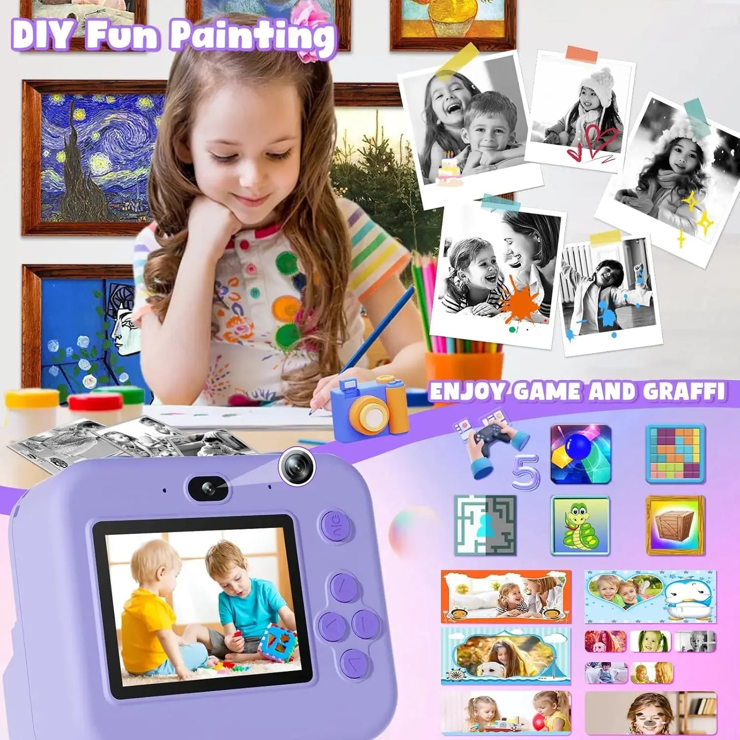 Educational Thermal Instant Print Camera With 32G Card, 1080P Children Mini Digital  Video