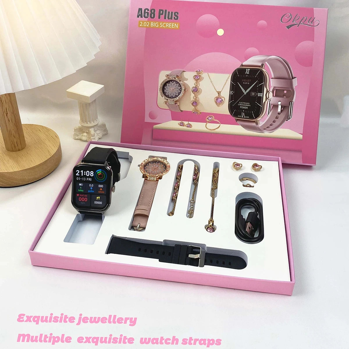 Smart Watch Gift + Diamond Quartz Watch + Necklace + Earrings + Ring + Bracelet Bluetooth Call Sports Smart Watch