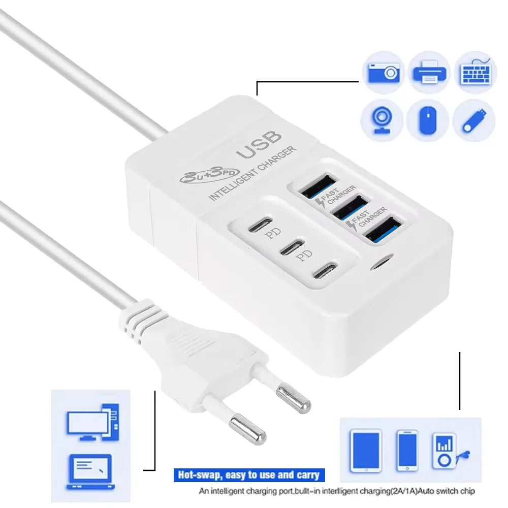 USB Type C Fast Charger, Wall Phone Adapter, Quick Charge Hub, EU Plug, PD, 6 in 1, 35W, 3.0