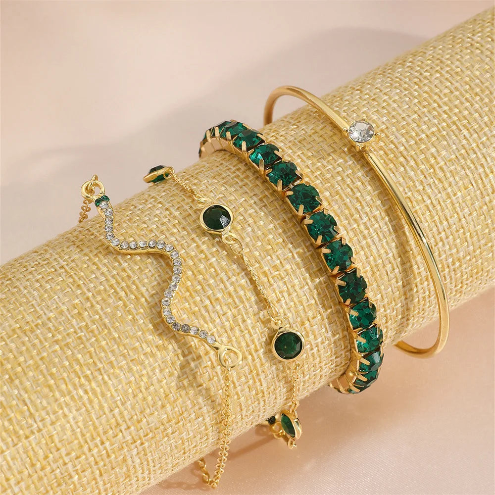 4Pcs/Set Fashion Snake Green Gemstone Bangle Rhinestone Full Metal Bracelet For Women Birthday Party Christmas Gift Jewerly