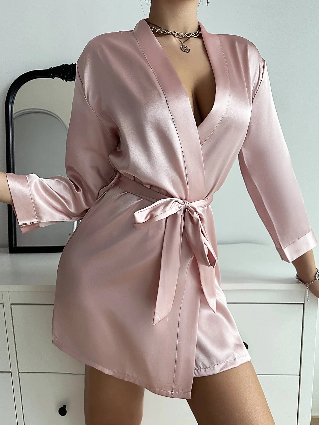 Solid Satin Night Robe Long