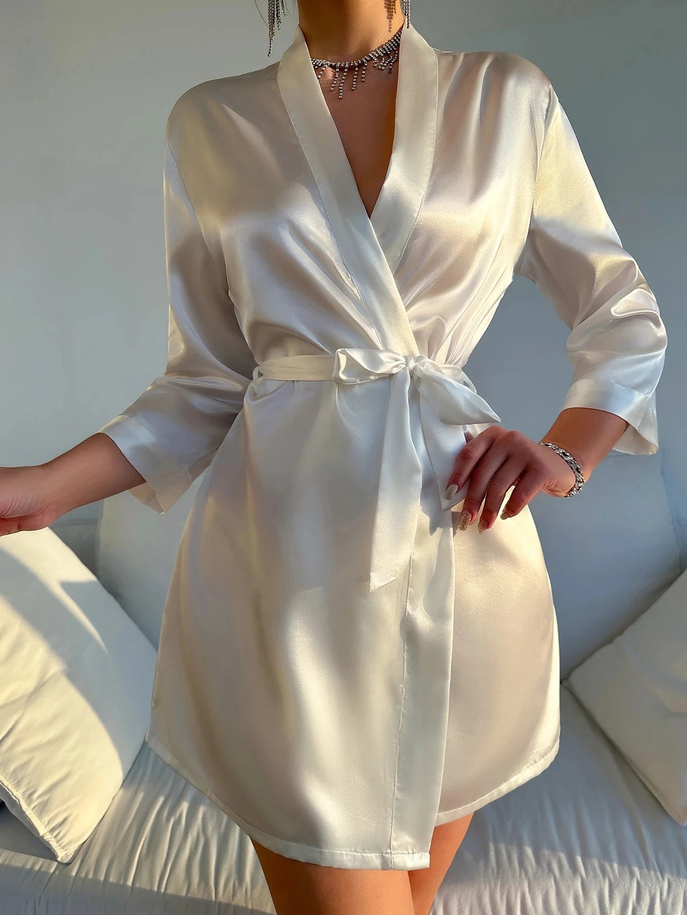 Solid Satin Night Robe Long