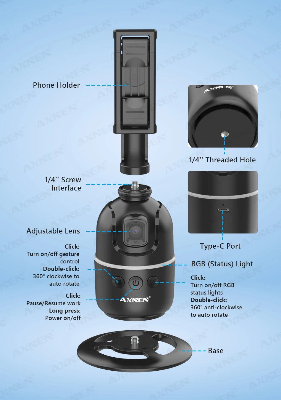 Estabilizador de telefone móvel, com Rotação automática 360