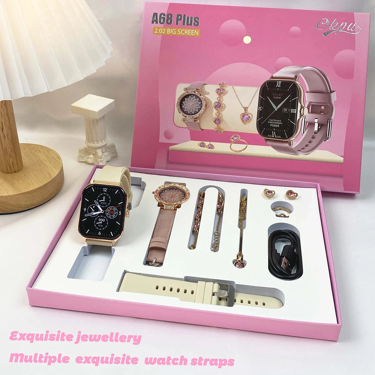 Smart Watch Gift + Diamond Quartz Watch + Necklace + Earrings + Ring + Bracelet Bluetooth Call Sports Smart Watch