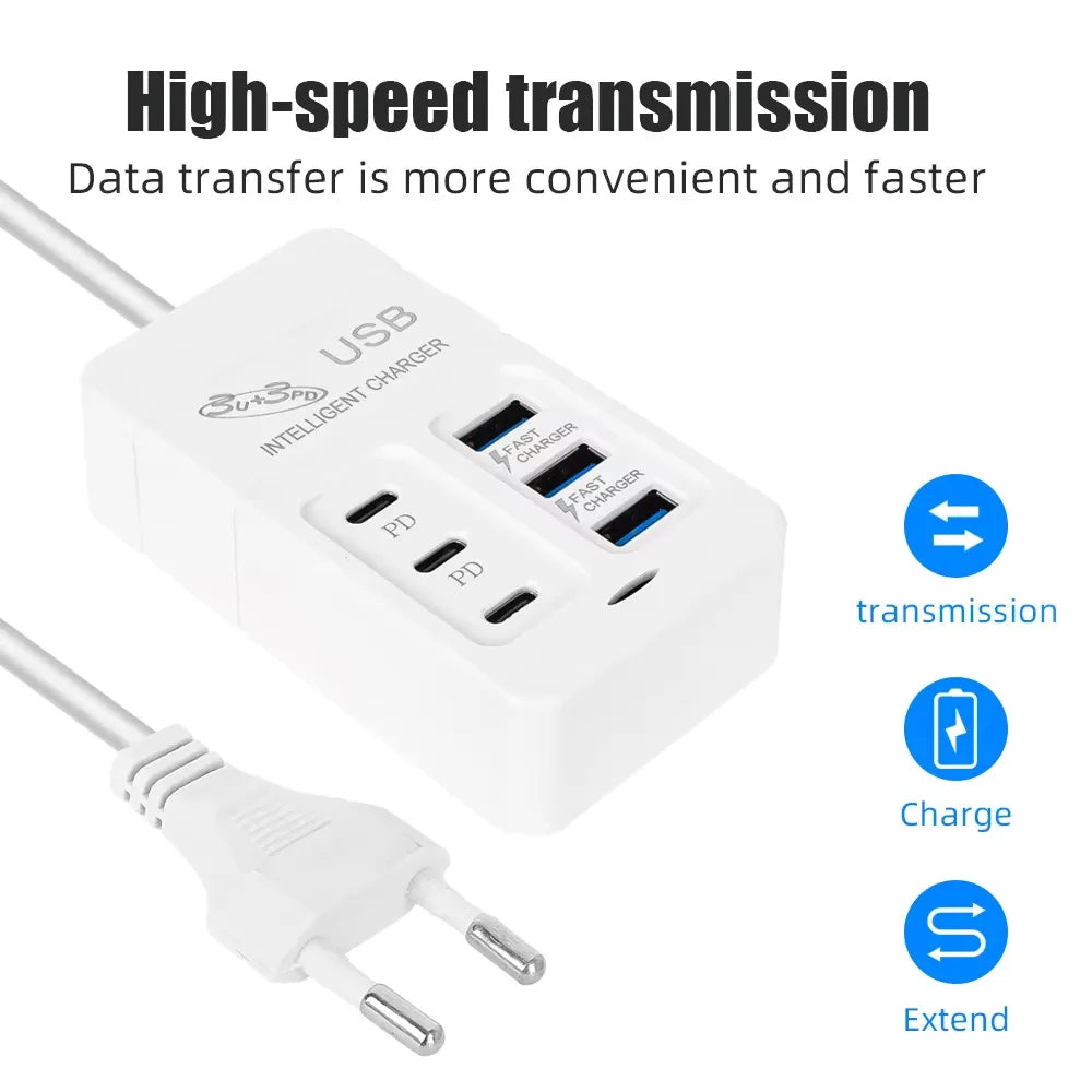 USB Type C Fast Charger, Wall Phone Adapter, Quick Charge Hub, EU Plug, PD, 6 in 1, 35W, 3.0