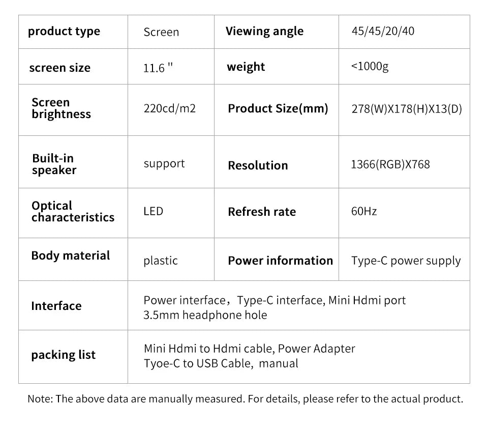 11.6 Inch Portable Monitor HDMI-Compatible