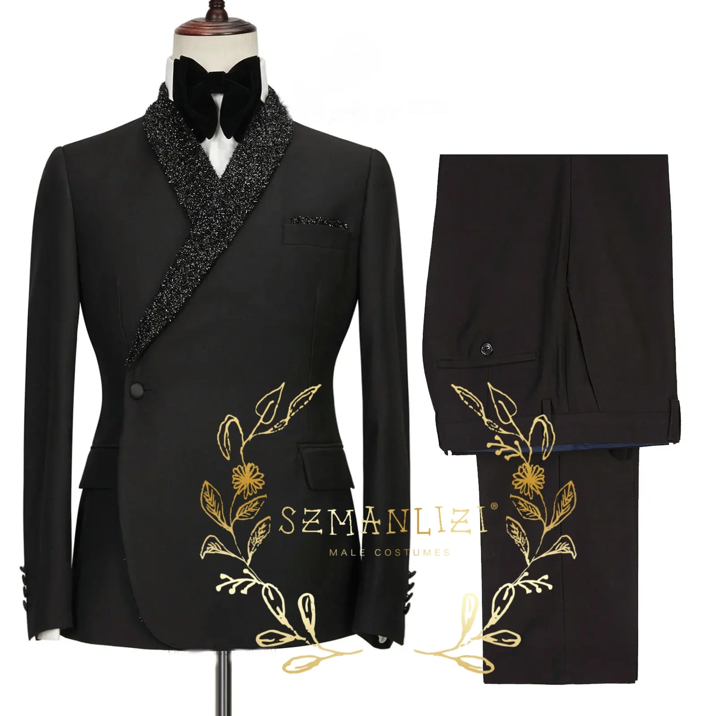 Double Breasted Black Shawl Lapel  Slim Fit Mens Suits