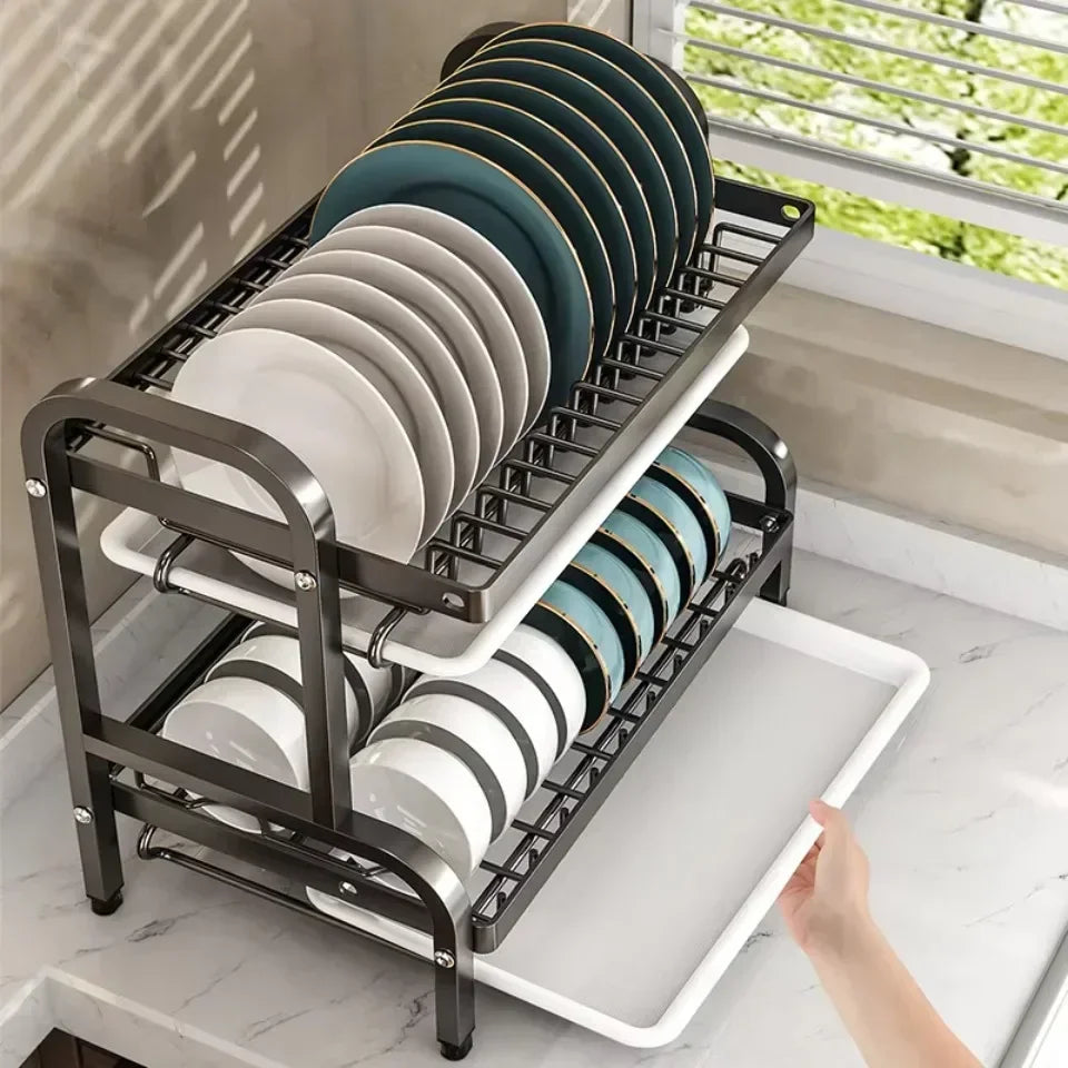 Kitchen Dish Rack Household Multi-Storey Bowls And Chopsticks Storage Cupboard Stainless Steel Drain Retro Style Organizer Shelf