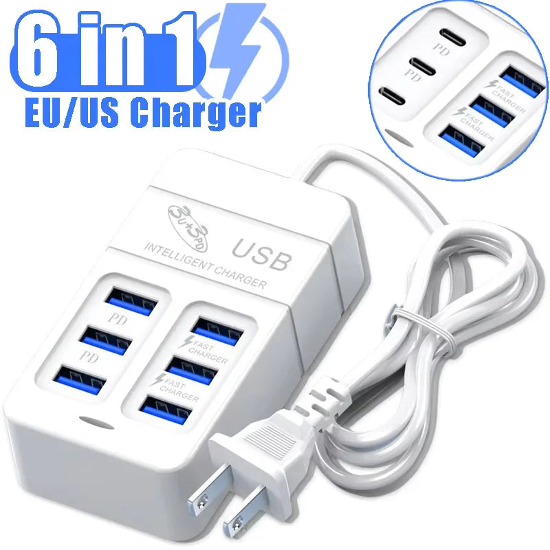 USB Type C Fast Charger, Wall Phone Adapter, Quick Charge Hub, EU Plug, PD, 6 in 1, 35W, 3.0