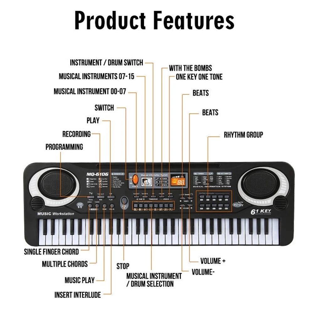 Kids Electronic Piano Keyboard 61 Keys Organ with Microphone