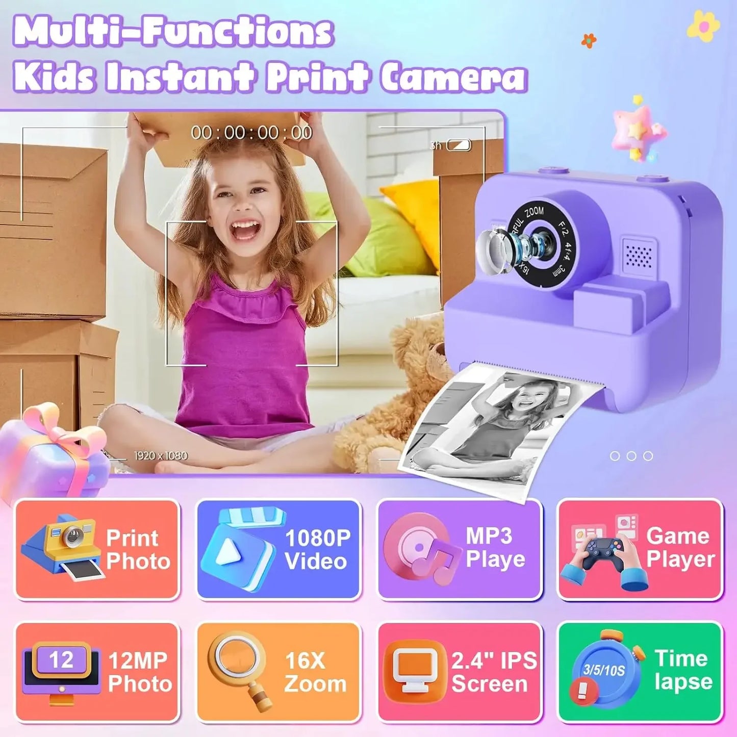 Educational Thermal Instant Print Camera With 32G Card, 1080P Children Mini Digital  Video