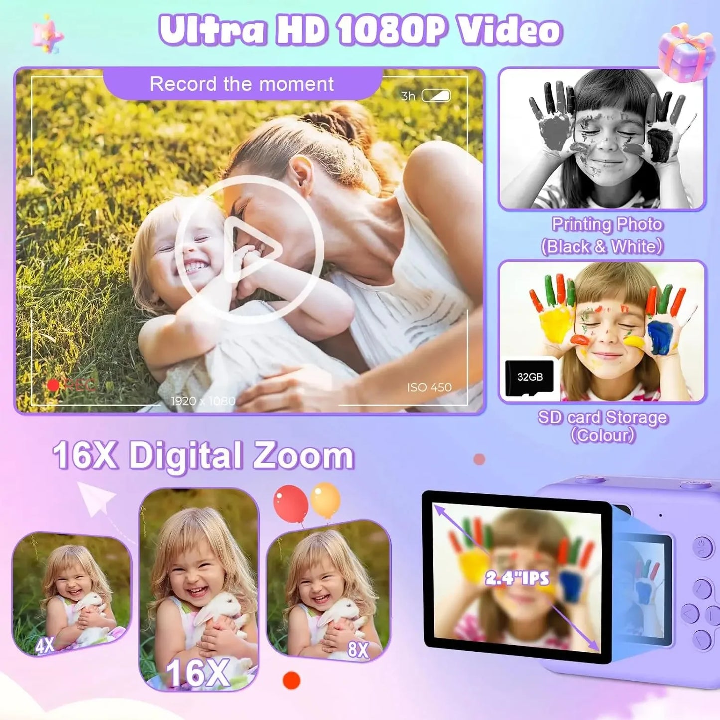 Educational Thermal Instant Print Camera With 32G Card, 1080P Children Mini Digital  Video