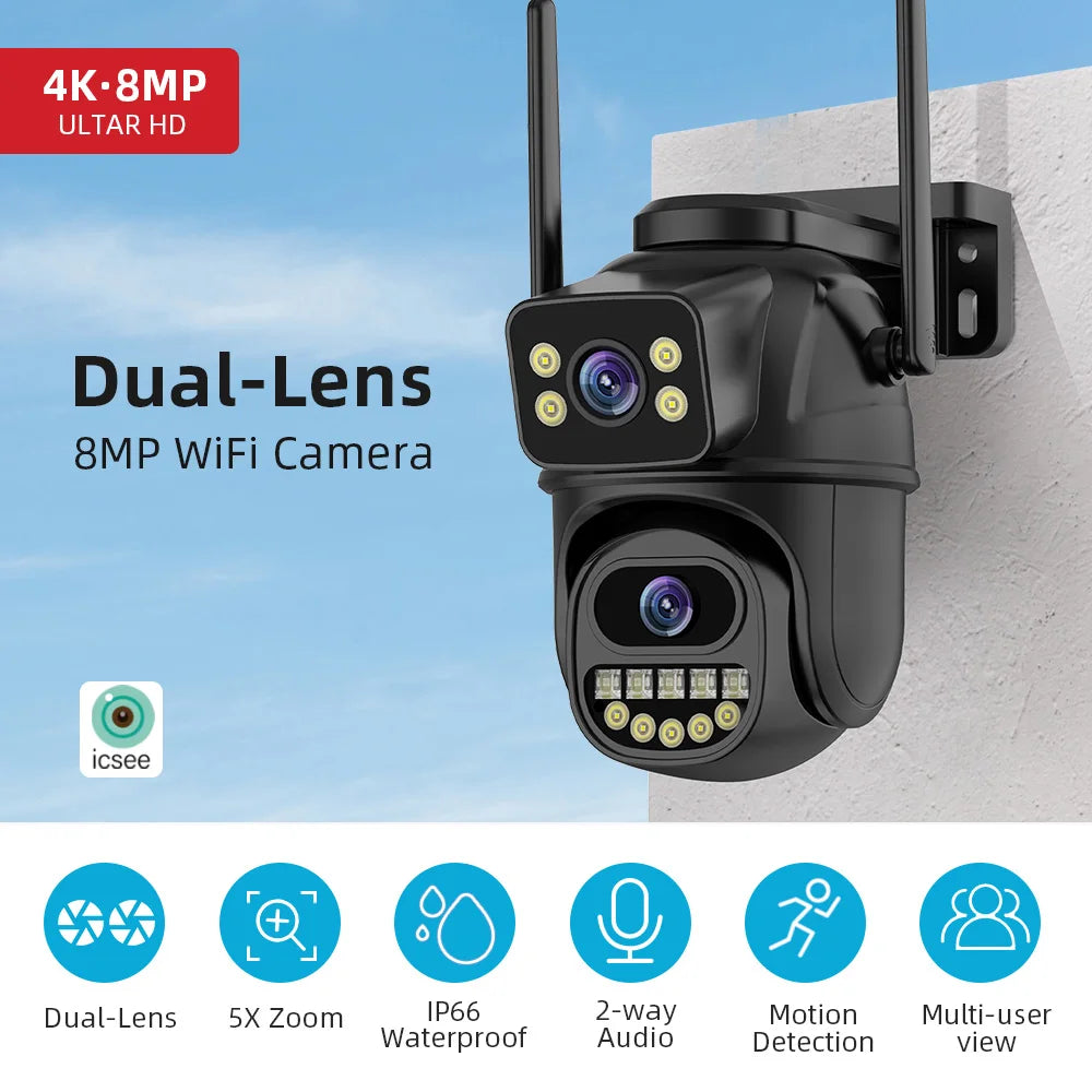 4K 8MP HD Wifi PTZ Camera Outdoor 4MP Dual Lens Dual Screen