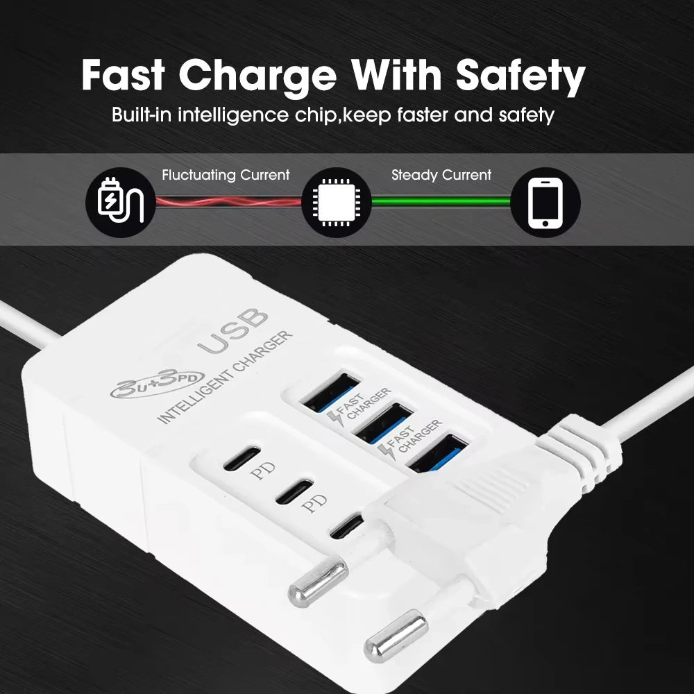 USB Type C Fast Charger, Wall Phone Adapter, Quick Charge Hub, EU Plug, PD, 6 in 1, 35W, 3.0