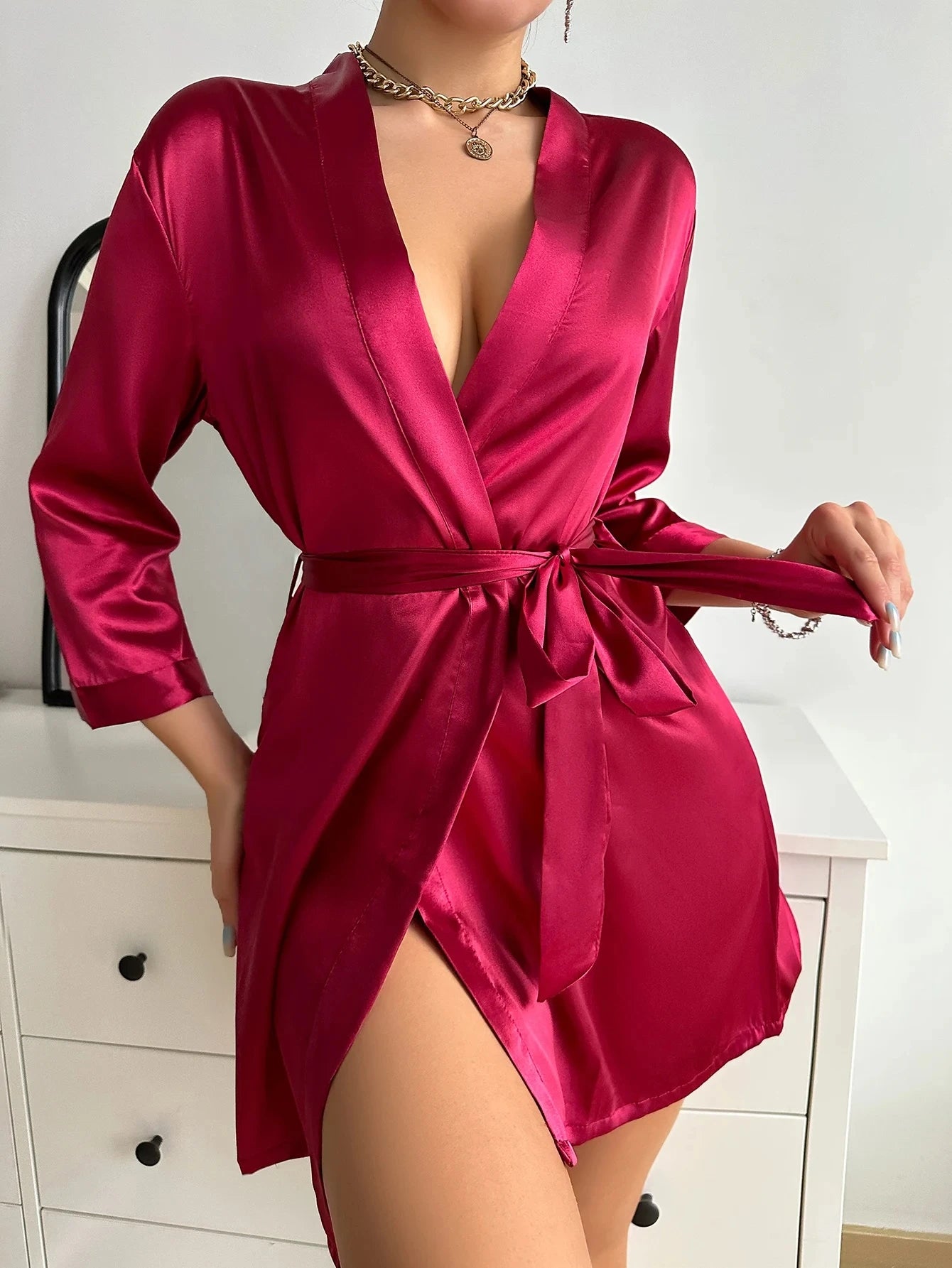 Solid Satin Night Robe Long